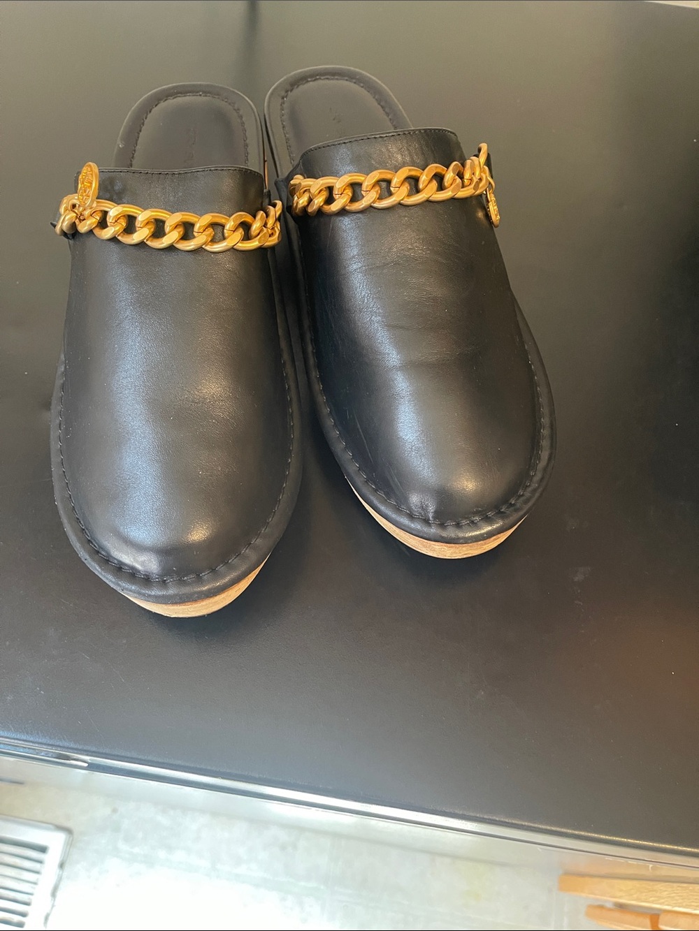 Tory Burch Black Leather Slip-On Mules with Gold Chain - Picture 3 of 8